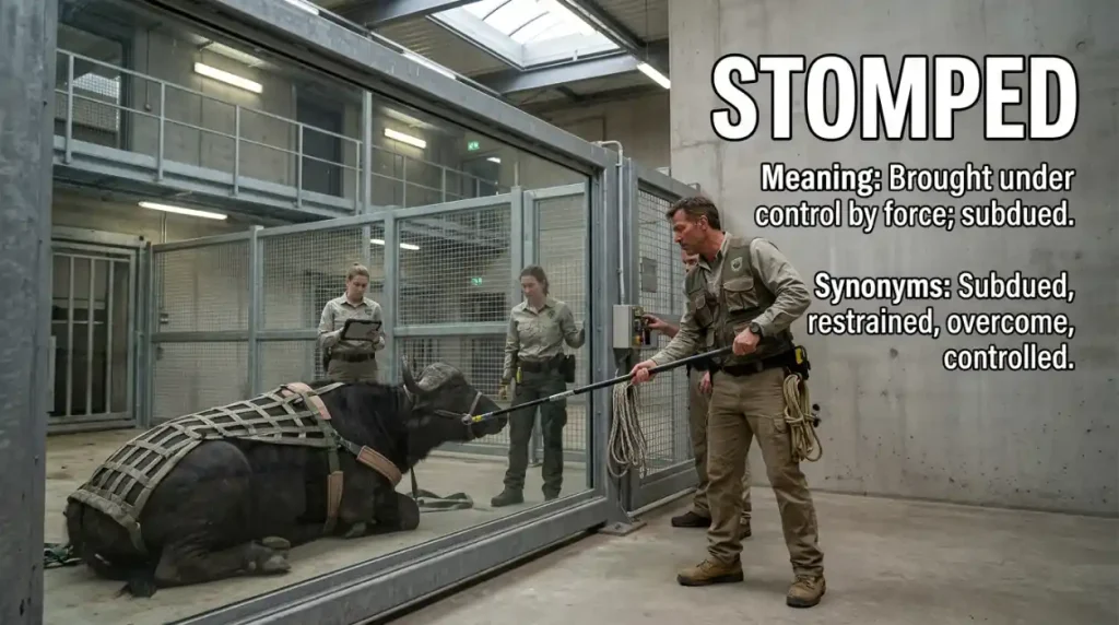 Subdued means brought someone or something under control by force.