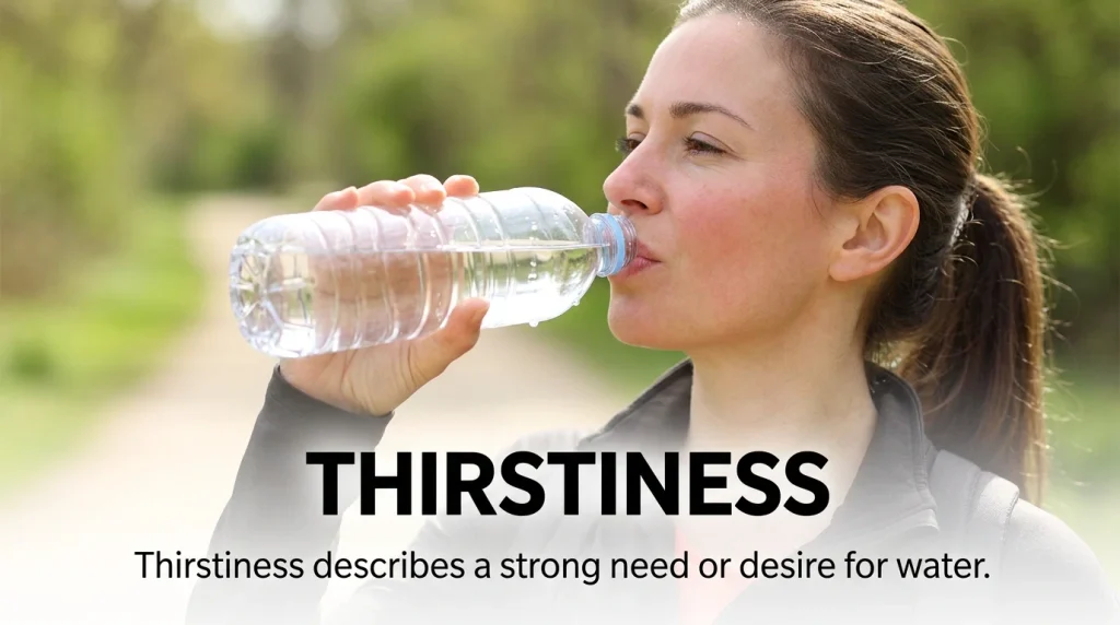 Thirstiness describes a strong need or desire for water.