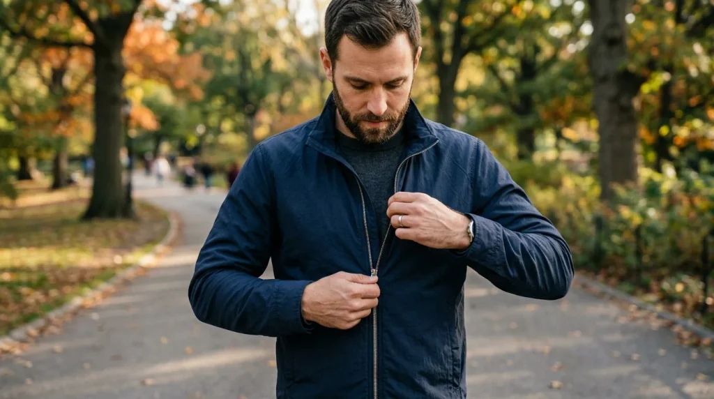 Zipping up means fastening a garment with a zipper after putting it on.