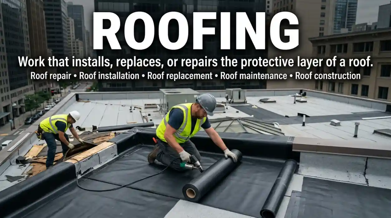 A broad phrase covering work that installs, replaces, or repairs the protective layer of a roof.