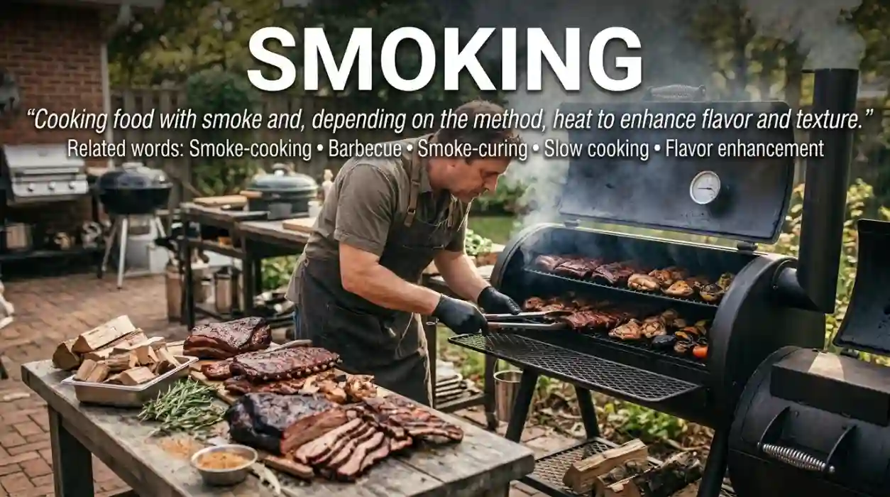 Cooking food using smoke and, depending on the method, heat.