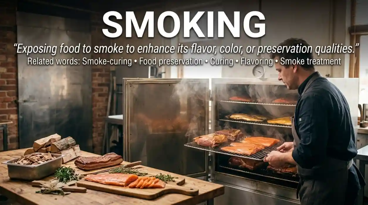 Exposing food to smoke to develop flavor, color, or preservation qualities.