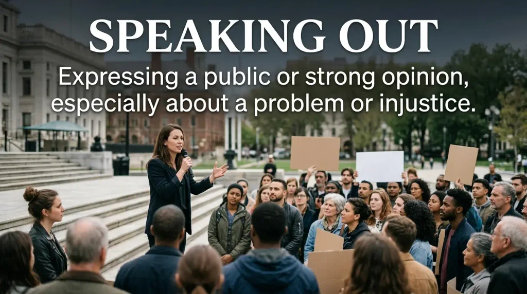 Expressing a public or strong opinion, especially about a problem or injustice.