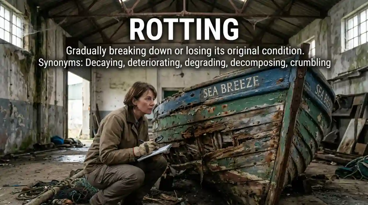Gradually breaking down or losing its original condition.