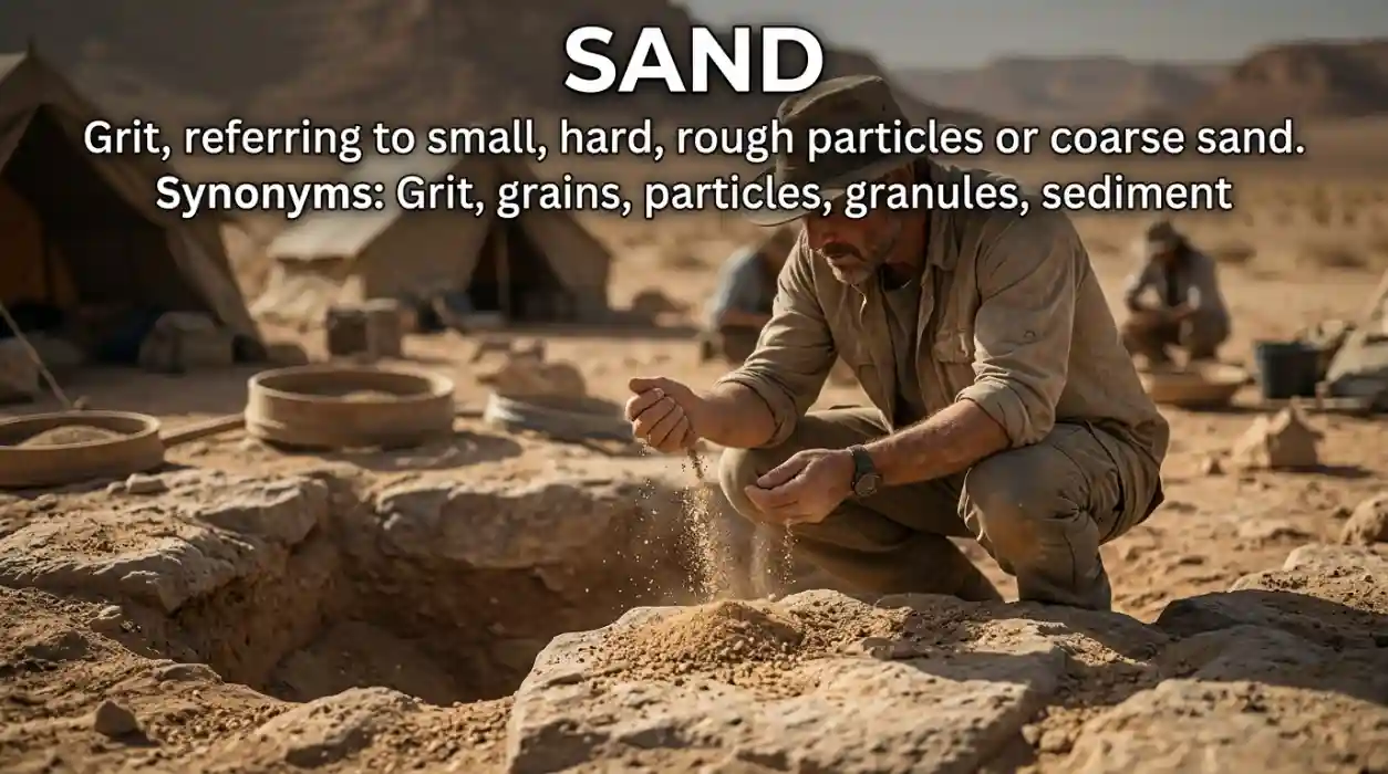 Grit refers to small, hard, rough particles and can sometimes describe coarse sand.
