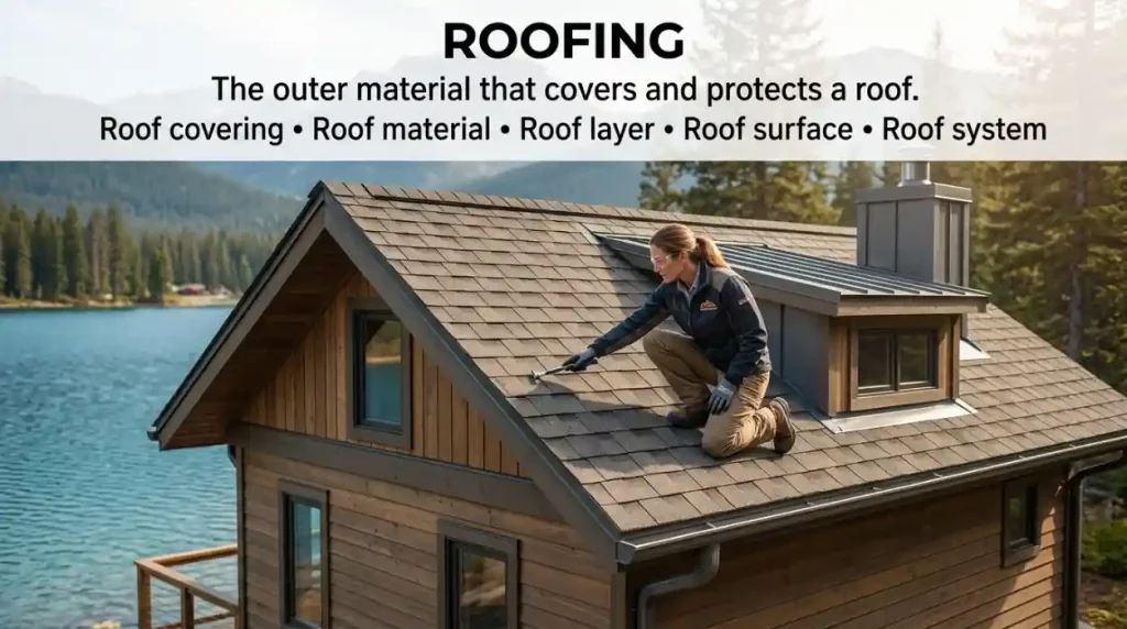 Roofing describing the outer material that covers and protects a roof.
