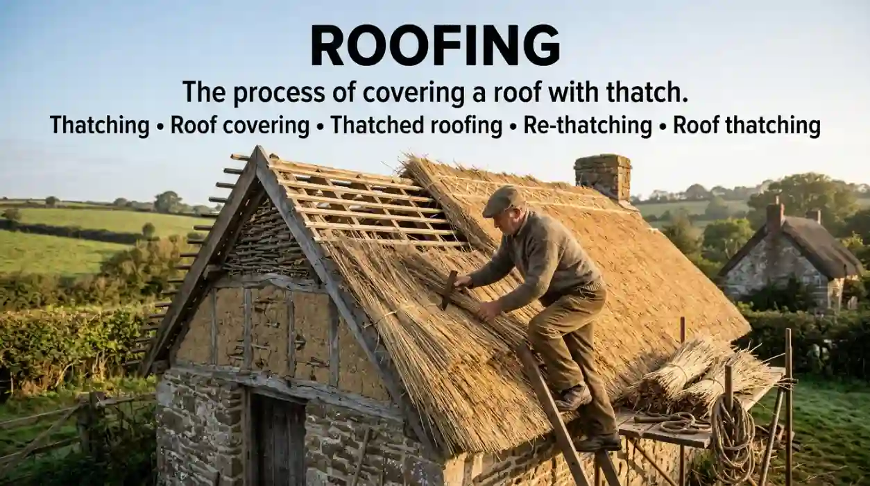 The process of covering a roof with thatch.