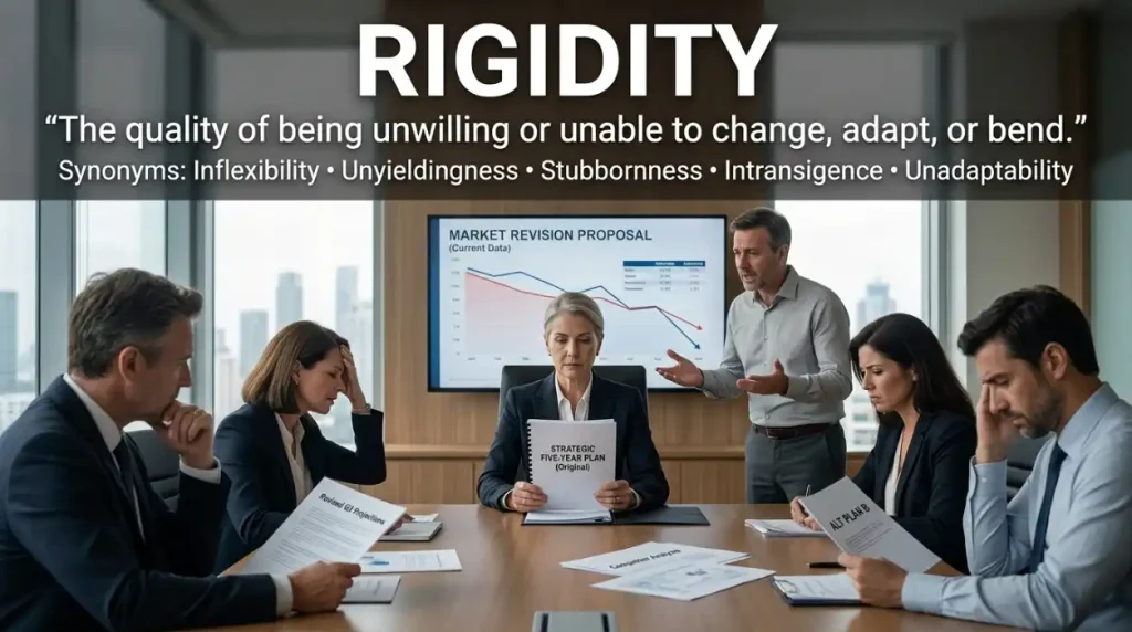 Rigidity describing the quality of being unwilling or unable to change, adapt, or bend.