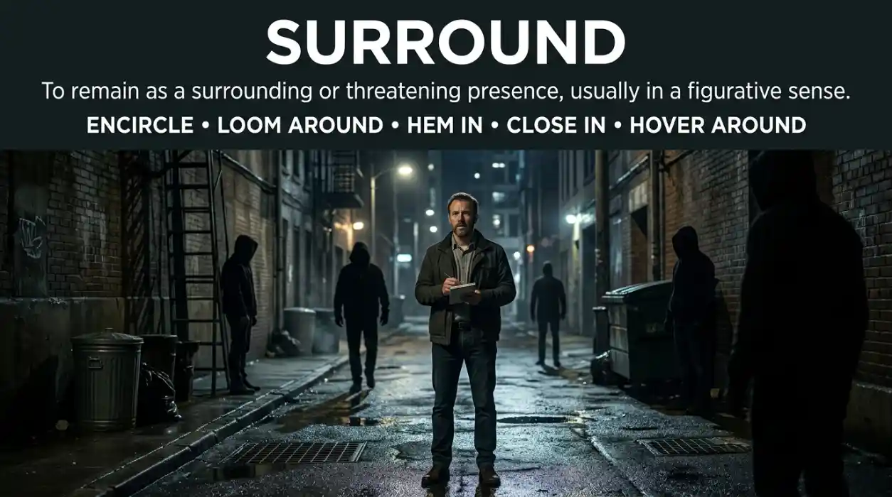 To remain as a surrounding or threatening presence, usually in a figurative sense.