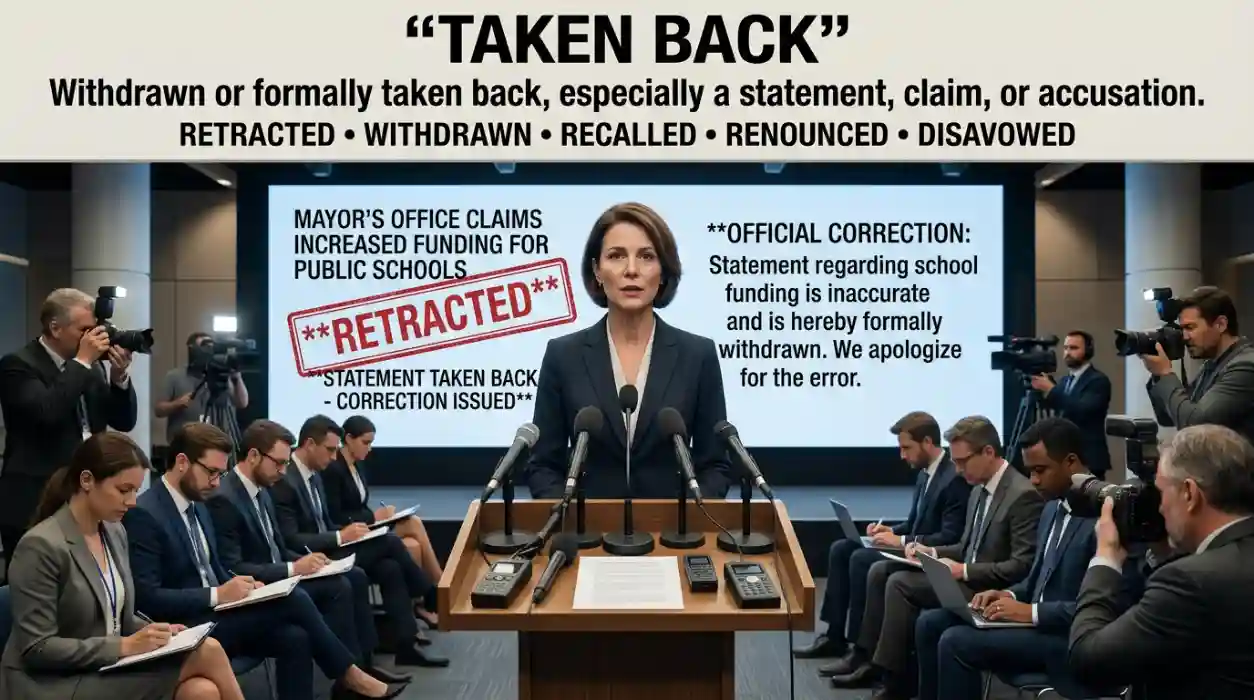 Withdrawn or formally taken back, especially a statement, claim, or accusation.